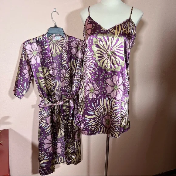 Vintage retro Asian floral royal purple green satin mini slip dress Robe set - Picture 1 of 16